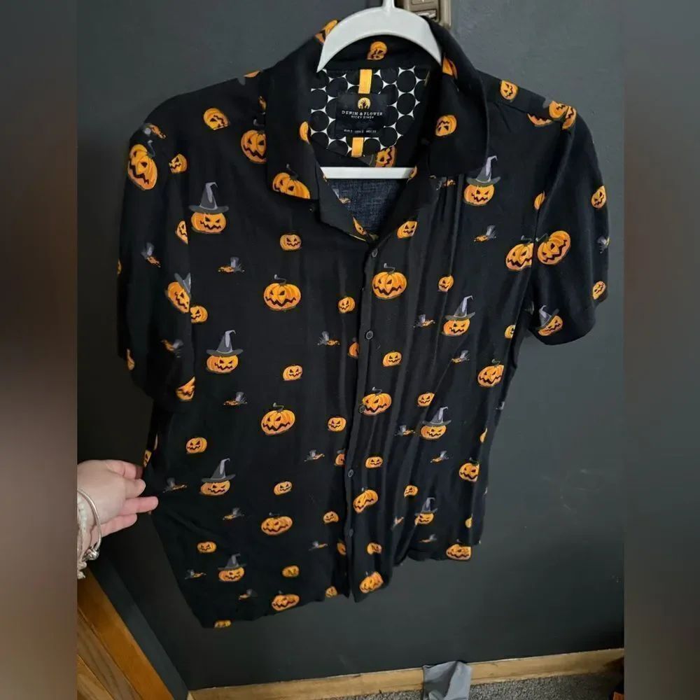 Denim & Flower Ricky Singh Black Halloween Pumpkin Button Up Shirt Men's Small - Picture 5 of 10